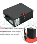 JCXYL 48V Electric Pallet Jack Lithium Ion Forklift Battery showing rugged black case and quick connection for easy replacement.