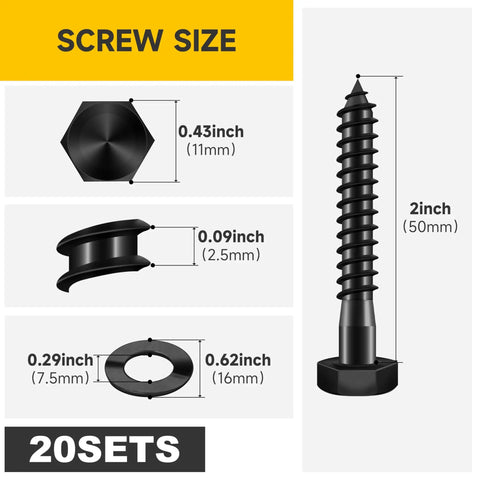 Heavy Duty 1 Quarter Inch By 2 Inch Lag Bolts Set With Stainless Steel Flat Washers dimensions and diagram