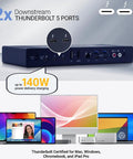 Heavy Duty Thunderbolt 5 Dock With 10Gb Ethernet, showing two TB5 ports, compatible with Mac and PC systems, 140W charging.