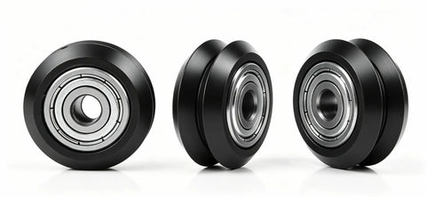 Heavy Duty V Slot Wheels 12 Pack With 625ZZ Bearings showing three angles of 24mm black wheels with silver inner bearing.