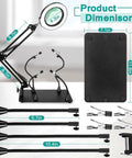 Helping Hands Soldering Station With 10X Magnifying Glass and LED Light, dimensions and detachable parts displayed.