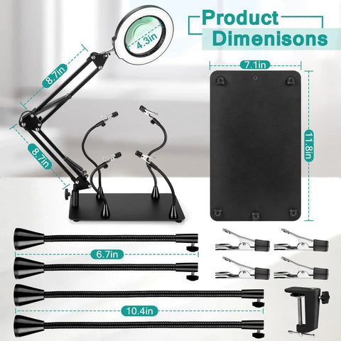 Helping Hands Soldering Station With 10X Magnifying Glass and LED Light, dimensions and detachable parts displayed.