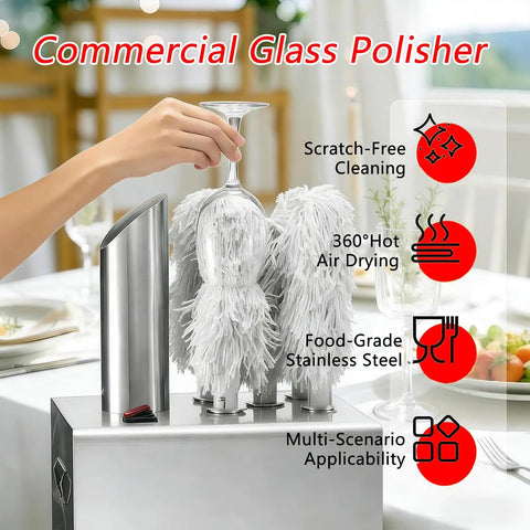 Stainless Steel Glass Polisher Machine For Commercial Use, Instant Drying At 140F shown with fluffy microfiber brushes.