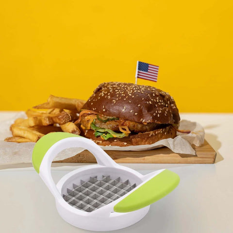 PRETYZOOM potato cutter with stainless steel grid blades; white body with lime-green handles