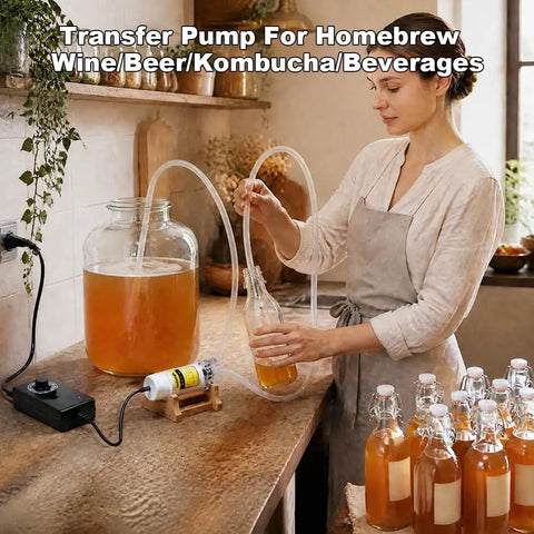 Compact Electric Water Transfer Pump Comes With 110V Cord And Slick Food Grade Tubing For No Sweat Liquid Moving while filling bottles.