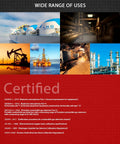 Collage of images showcasing various industrial uses with a certification notice at the bottom.