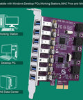 Seven USB Three Point Zero Ports PCIe X1 Expansion Card With Self Powered Technology Delivers Up To 5Gbps For Windows 11 10 8 7 Vista XP Desktop PCs No Extra Power Supply Required Plug And Play shown with desktop and NAS use