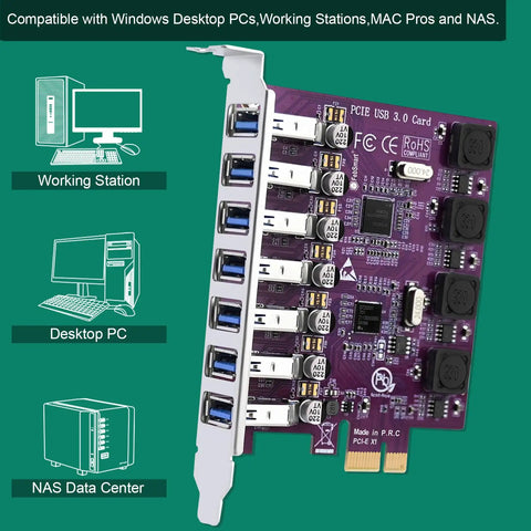 Seven USB Three Point Zero Ports PCIe X1 Expansion Card With Self Powered Technology Delivers Up To 5Gbps For Windows 11 10 8 7 Vista XP Desktop PCs No Extra Power Supply Required Plug And Play shown with desktop and NAS use