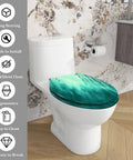 Elongated Toilet Seat Resin for Bathroom featuring a teal design on a toilet, measuring 14.5" x 18.5", ergonomic and easy to clean.