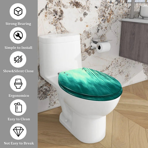 Elongated Toilet Seat Resin for Bathroom featuring a teal design on a toilet, measuring 14.5" x 18.5", ergonomic and easy to clean.