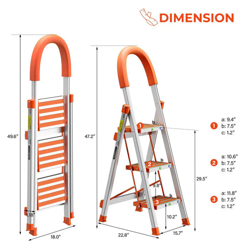 Three Step Foldable Aluminum Stool With Anti Slip Pedals And Rubber Hand Grip, 350 Lb Capacity, Lightweight Home And Kitchen Stepladder For Easy Reach dimensions illustration