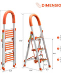 Lightweight Aluminum 3 Step Folding Ladder With Anti Slip Feet For Home And Kitchen, Portable Compact Stairs Stool, 350 Lb Capacity, EN131 Certified, dimension view