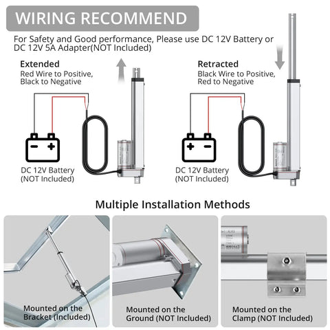 Wiring and installation guide for 12V Linear Actuator, 160 Lbs, 750N, 8 Inch 200 mm Travel, 10 mm Per Second Speed, IP54 Waterproof