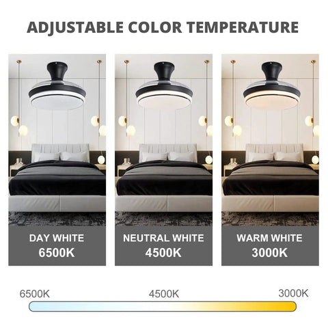 Retractable 40 Inch Black Ceiling Fan With Light And Remote showing adjustable color temperature settings in bedroom