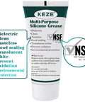 KEZE Multi-Purpose Silicone Grease tube, 1 oz, white with green label, NSF certified.