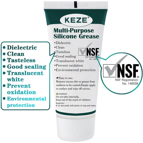 Front view of KEZE Multi-Purpose Silicone Grease tube, white body with green label; NSF certified, 1 oz, 3-pack