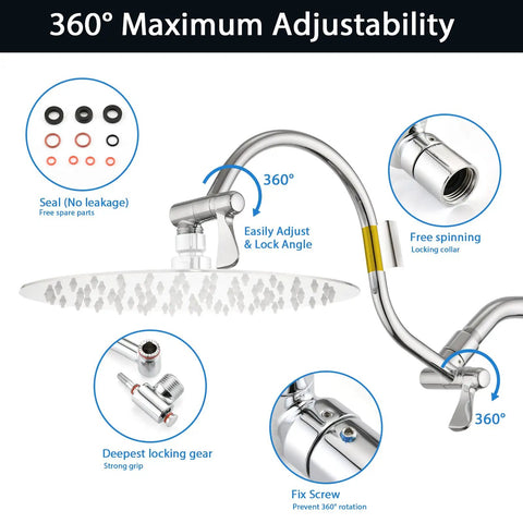 Diagram showing 10 Inch Rain Shower Head With 12 Inch Adjustable Extension Arm No Fuss All Metal Chrome Finish High Pressure Rainfall.