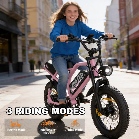 Teen riding 16-Inch Fat Tire Electric Mountain Bike With 800W Peak Motor, Removable Battery, Front Fork Suspension in Black Pink on street