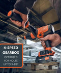18V Brushless Cordless Drill Driver Set Packs Badass Torque And Four Speeds Hammer Mode in use drilling into metal with a 4-speed gearbox.