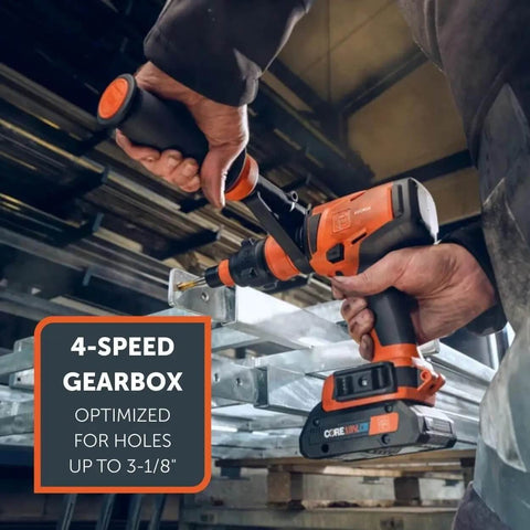 18V Brushless Cordless Drill Driver Set Packs Badass Torque And Four Speeds Hammer Mode in use drilling into metal with a 4-speed gearbox.