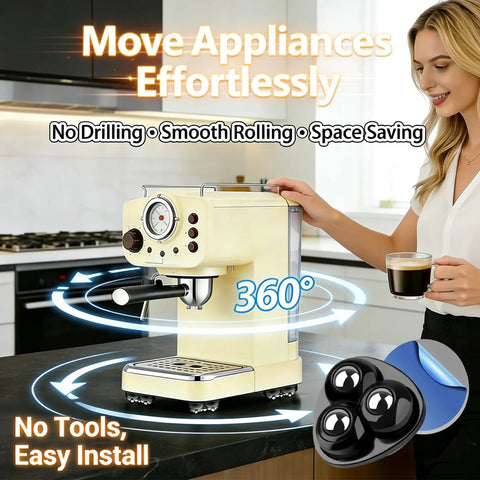 Self-Adhesive Ball Casters With 360 Degree Swivel, Mini Universal Caster Wheels For Countertops, Equipment And Small Furniture, Peel And Stick Install, No Drill, Black, 4 Pack shown under a coffee machine on a countertop.