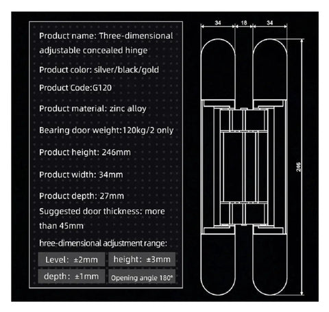 Diagram of Hidden Hinge For Casement Gate And Wooden Door, Adjustable 180 Degree Opening, zinc alloy, dimensions included