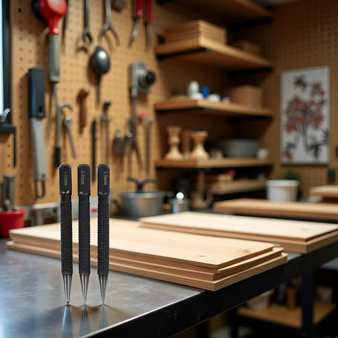 No Nonsense Center Punch Set With Rock Solid High Carbon Steel Build on workbench, showing three black handles for precise marking.