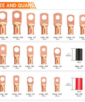Battery Cable Lug Crimp Tool Kit With Copper Lugs Wire Cutter And Heavy Duty Case Works With AWG Ten To One Zero Gauge Includes 110 Cable Ends And 110 Pieces Of 3to1 Heat Shrink Tubing For Quick Secure Battery Connections showing sizes and quantities of copper lugs and heat shrink tubing in black and red.