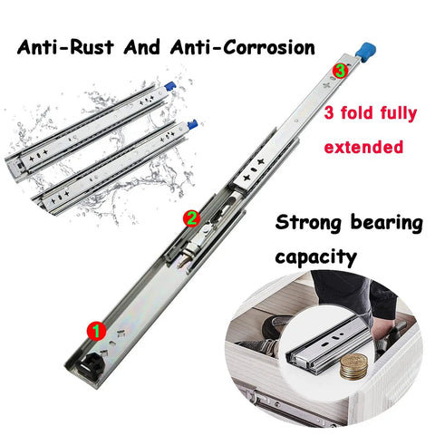 Heavy Duty 50 Inch Drawer Slide Rails Set With Full Extension Ball Bearing Runners 2 Pack 3 Fold Drawer Glides displayed.