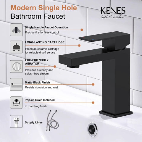 Matte Black Single Handle Bathroom Sink Faucet In Stainless Steel Vanity With Pop Up Drain Stopper And Flexible Water Supply Hoses