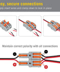 Hella Durable Modular Lever Wire Splitter Connectors For Quick Low Voltage Power Routing To Led Strips And Under Cabinet Install Smooth Operation Foolproof Grip Mechanism with wires clamped.
