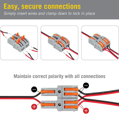 Hella Durable Modular Lever Wire Splitter Connectors For Quick Low Voltage Power Routing To Led Strips And Under Cabinet Install Smooth Operation Foolproof Grip Mechanism with wires clamped.