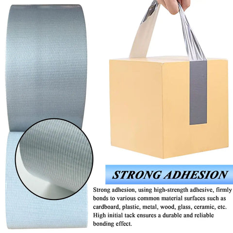 2 Pack Heavy Duty Duct Tape Waterproof And Heat Resistant With Tough As Nails Adhesive For HVAC Home Improvement Outdoor Use Packaging Boxes Pipe Insulation And Window Sealing 21 Yards By 2 Inches shown sealing a box with adhesive strength highlighted.