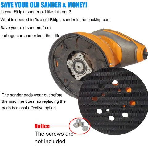 5 Inch Hook And Loop Sander Pad For 5 Inch Orbit Sanders With 8 Hole Dust Pattern Replacement Pad That Fits R2600 R2601 And Other 5 Inch Sanders Extra Hard Backing For Durable Sanding And Easy Pad Replacement shown on sander.