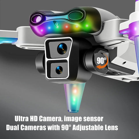 Close-up of dual cameras on Beginner Friendly Kids Drone With Camera For Ages Eight To Twelve, LED lights and 90° adjustable lens.