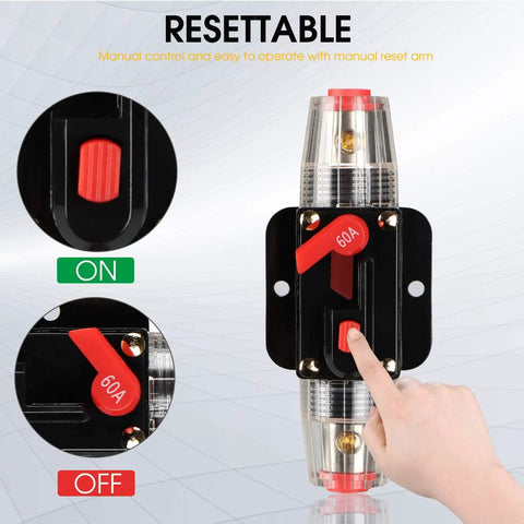 Beefy 60 Amp Circuit Breaker Switch With Waterproof Inline Fuse Holder For 12V To 48V DC Car Audio, Marine, RV, Boat