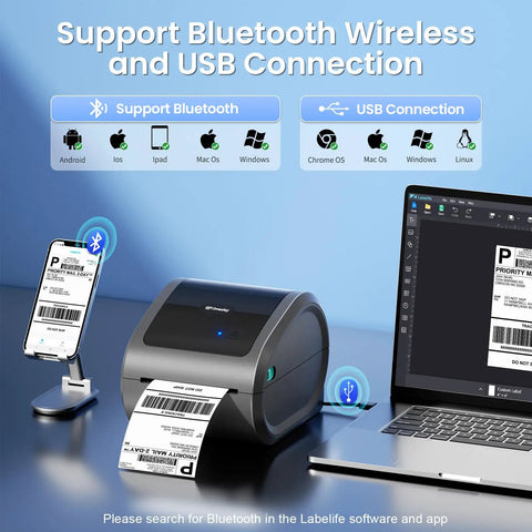 Bluetooth Thermal Shipping Label Printer For 4x6 Rolls And Wide Fan Fold Paper With Spacious Built In Storage Tray printing labels from a laptop and smartphone.