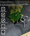 Heavy Duty Landscape Staples 120 Pack 8 Gauge 6 Inch Galvanized Garden Stakes Sod Pins For Plant Cover Tent Weed Barrier Fabric Turf And Outdoor Decor displayed on a garden fabric with text highlighting features like excellent quality and anti-rust properties.