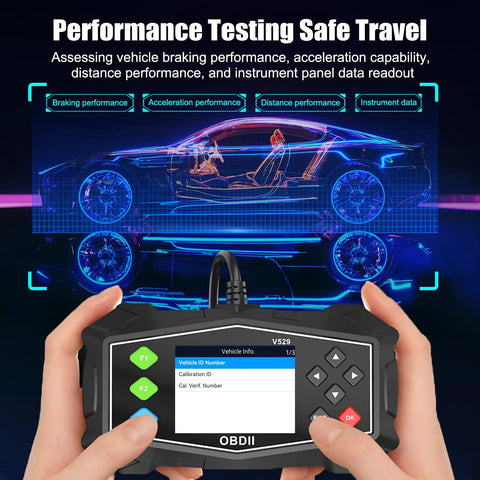 Person holding OBD2 Diagnostic Tool And Code Reader For All OBDII Cars 1996 And Up, real time data display on screen