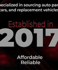 Text "Established in 2017", specializes in auto parts sourcing, on black and red background.