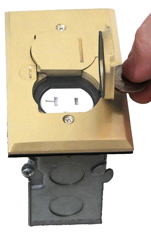 Flip Lid Floor Box Kit With One Gang Receptacle, 20 Amp Tamper Resistant Weather Resistant Outlet, Brass Cover, Watertight Gasket