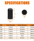 Get Your Ride Runnin Smooth With This 60-Piece Rubber Vacuum Caps Assortment Kit For Carburetors And Manifolds Featuring Versatile 3/16 5/32 7/32 1/4 5/16 And 3/8 Sizes Designed To Stop Leaks Fast And Keep It Fresh. black rubber vacuum cap size chart with inner and outer diameter measurements