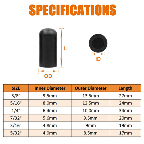 Get Your Ride Runnin Smooth With This 60-Piece Rubber Vacuum Caps Assortment Kit For Carburetors And Manifolds Featuring Versatile 3/16 5/32 7/32 1/4 5/16 And 3/8 Sizes Designed To Stop Leaks Fast And Keep It Fresh. black rubber vacuum cap size chart with inner and outer diameter measurements