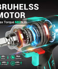 Heavy Duty Cordless Impact Wrench With Brushless Motor, Cranks Out 503 Ft Lbs Raw Torque, showing internal components and brushless motor.