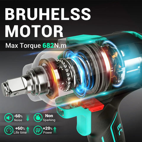 Heavy Duty Cordless Impact Wrench With Brushless Motor, Cranks Out 503 Ft Lbs Raw Torque, showing internal components and brushless motor.