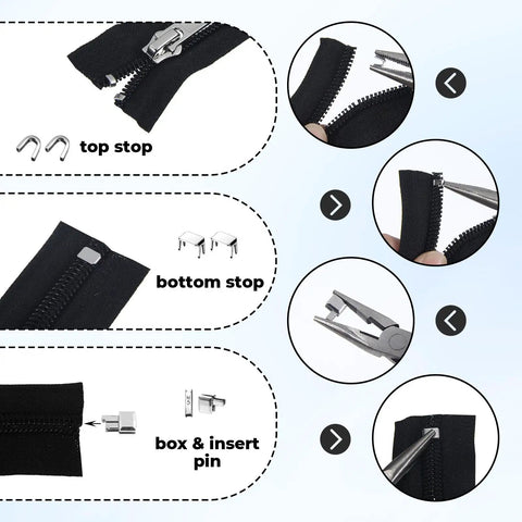 Ultimate 39 Piece Zipper Repair Kit With Replacement Sliders And Teeth For Backpacks Tents Jackets And Luggage No Tools Needed Quick Fix Multipack In Black Silver And Bronze Durable Zipper Pulls showing top stop, bottom stop, and box & insert pin with tools.