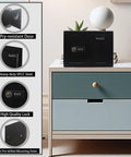 Compact 3 Digit Combination Safe Box With Steel Lock, Portable Hidden Safe for home office, 9.1 by 6.7 by 6.7 inches, black, on cabinet