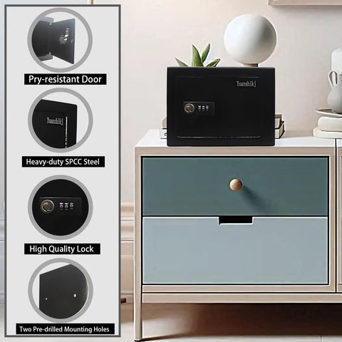 Compact 3 Digit Combination Safe Box With Steel Lock, Portable Hidden Safe for home office, 9.1 by 6.7 by 6.7 inches, black, on cabinet