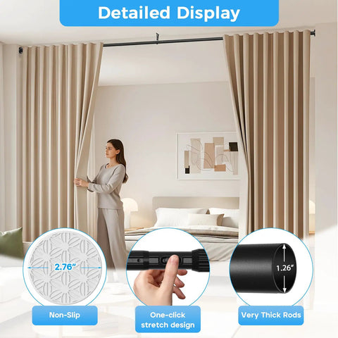 Heavy Duty Black Tension Curtain Rod No Drilling Adjustable 41 To 144 Inches With Rust Resistant Finish, installed indoors