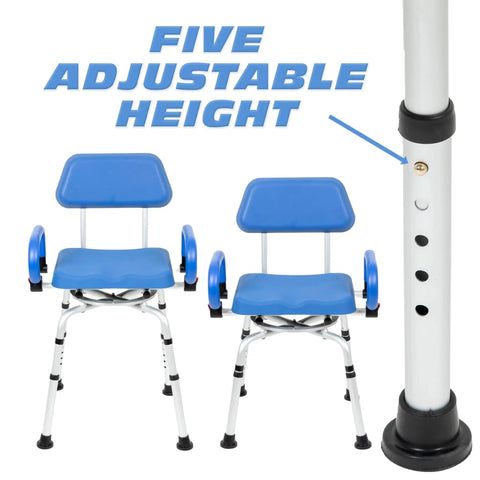 Swivel Pivot Shower Chair With 360 Degree Rotating Seat Padded Seat Back And Armrests Non Slip Base Adjustable Height Blue
